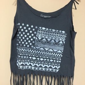 Fringed spaghetti strap tank. Flag print- boho